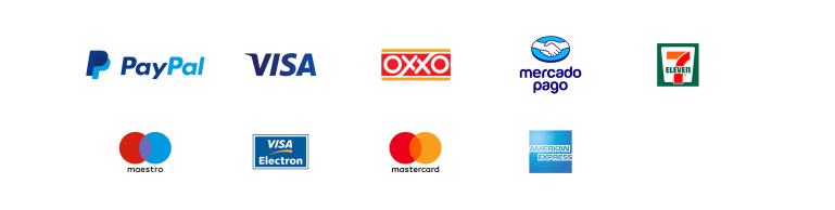 PayPal, Visa, OXXO, Mercado Pago, 7-Eleven, Maestro, Visa Electron, Mastercard and American Express